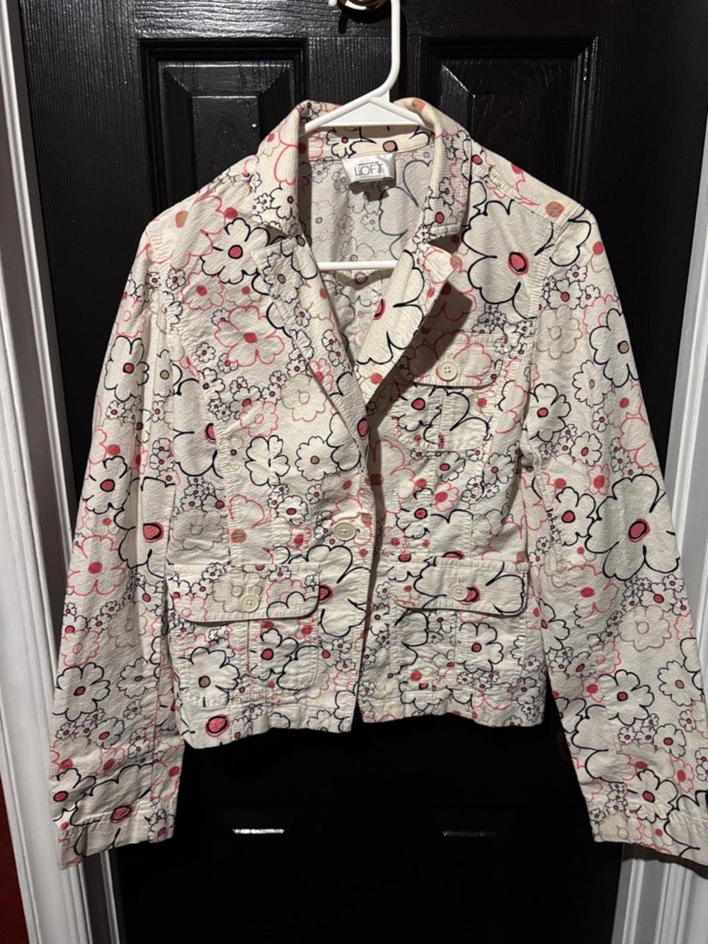 LOFT Cream Floral Blazer with Pink and Black Accents - Picture 1 of 4